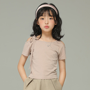 小女森女童夏季薄款短袖不对称T恤儿童打底衫中大童纯色炸街上衣