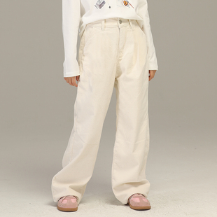 小女森女童秋冬奶白复古灯芯绒加绒裤子中大童保暖休闲阔腿长裤女