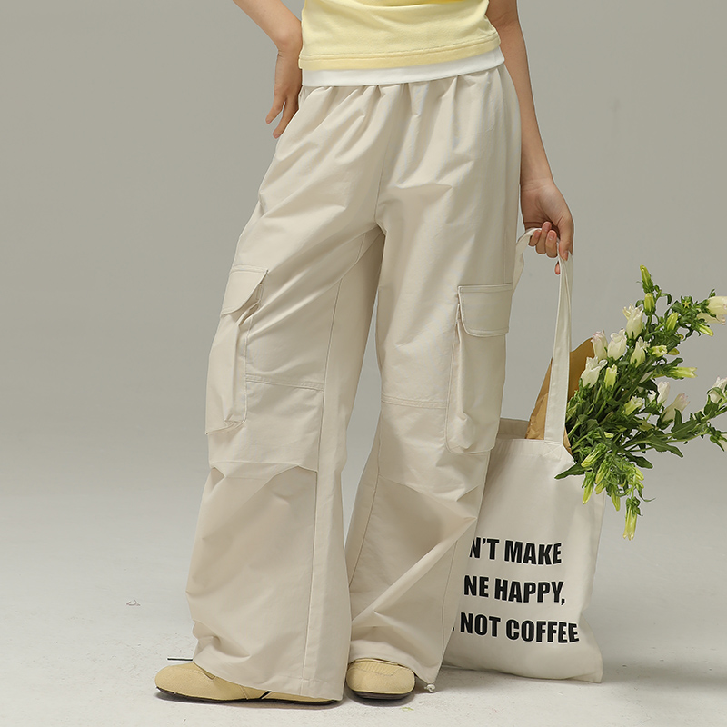 小女森女童夏季长裤杏色休闲工装裤儿童宽松防晒户外运动阔腿裤子