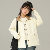 小女森女童春秋复古撞色高级感外套儿童宽松翻领休闲外穿长袖 外套