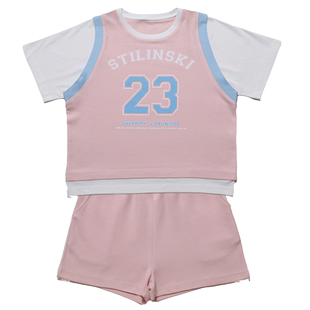 小女森女童夏季薄款运动休闲套装儿童篮球运动背心T恤+短款裤子潮