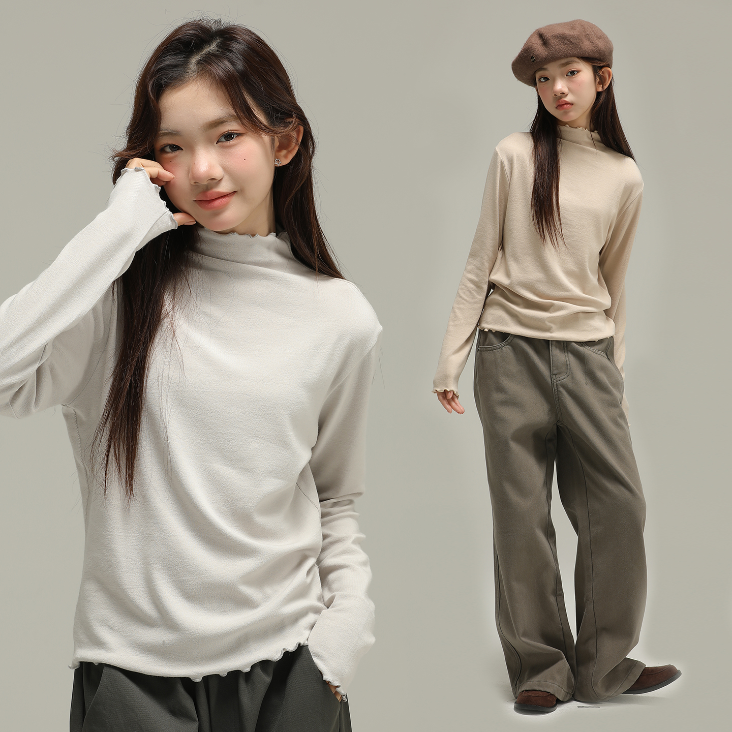 小女森女童秋冬打底衫木耳边高领保暖长袖内搭中大童纯色简约上衣