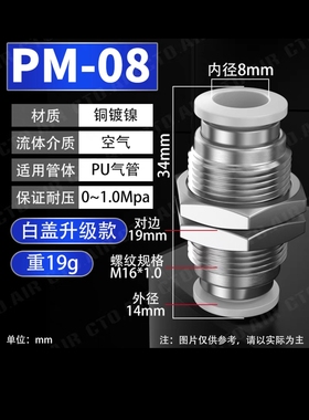 气动气管快速接头快插气管穿板接头PM-4/6/8/10/12隔板直通接头