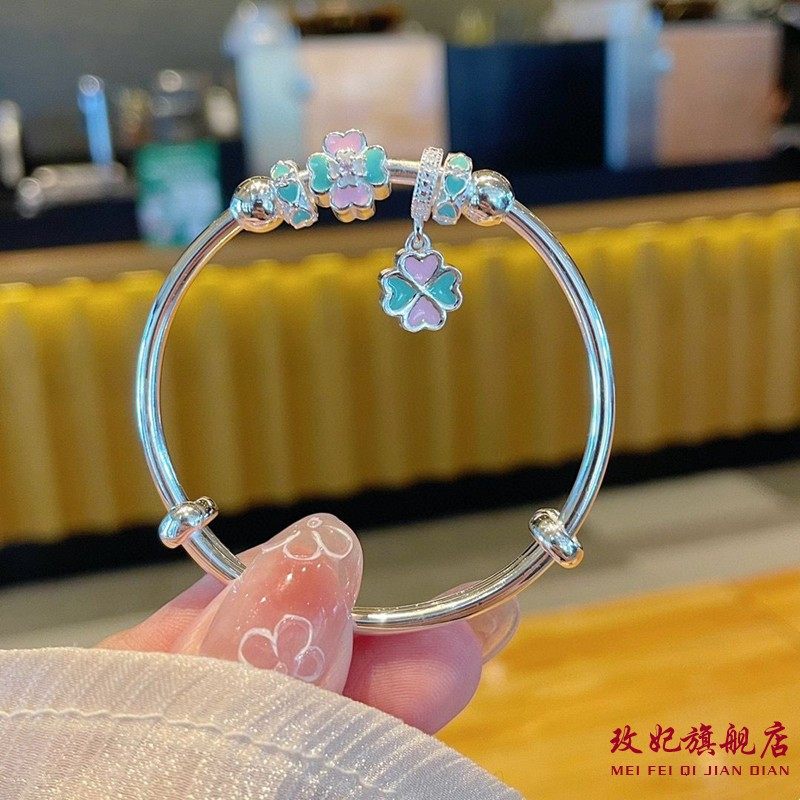 香港正生足银9999四叶草蝴蝶结纯银手镯中大童儿童小女孩学生银镯