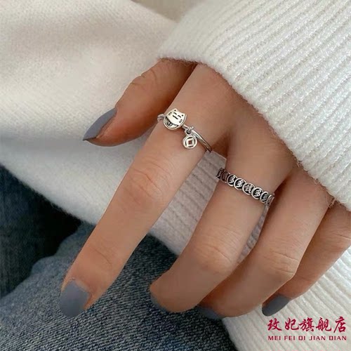 香港正生钱多多招财猫有钱花s925纯银戒指女简约百搭可调节食指戒