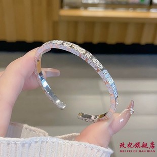 香港正生平安福吉言开口纯银手镯足银9999简约百搭七夕送女友礼物