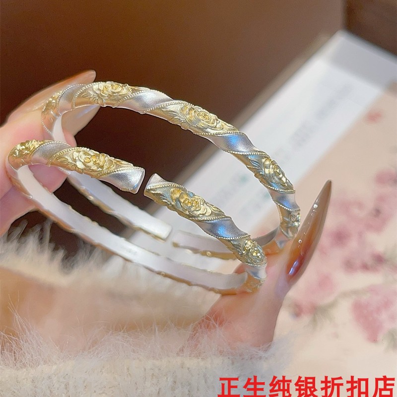 玫瑰花描金纯银手镯女简约百搭