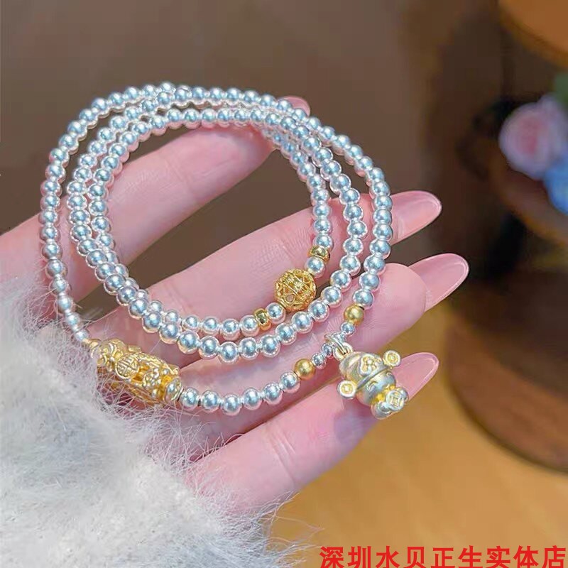 深圳水贝正生福貔貅财神爷多圈纯银手链足银999女本命年银珠手串