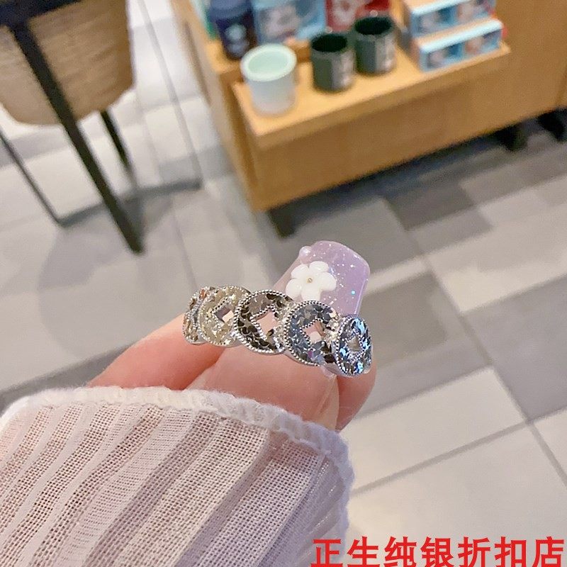 香港正生招财碎冰冰五帝钱币s925纯银戒指活口可调节食指戒送女友
