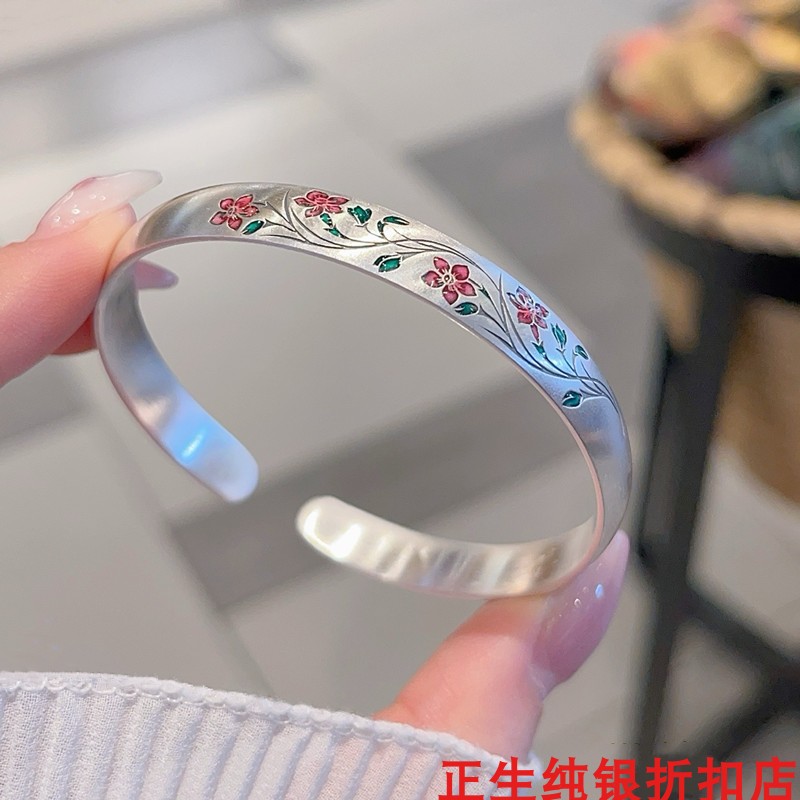香港正生花朵莲花樱花锦鲤鱼开口纯银手镯足银9999母亲节送妈妈