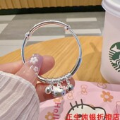 香港正生多圈kt猫铃铛纯银手镯足银9999女宝宝中大童学生成人礼物