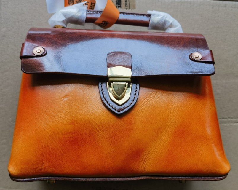 制道手工皮包全植鞣头层真牛硬皮手提单肩斜挎撞色女士包包20*16