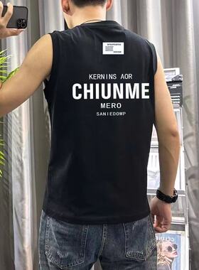 夏季无袖T恤修身上衣半袖宽松圆领坎肩背心印花纯色短袖男士潮流