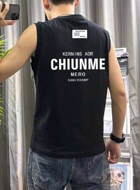 夏季无袖T恤修身上衣半袖宽松圆领坎肩背心印花纯色短袖男士潮流