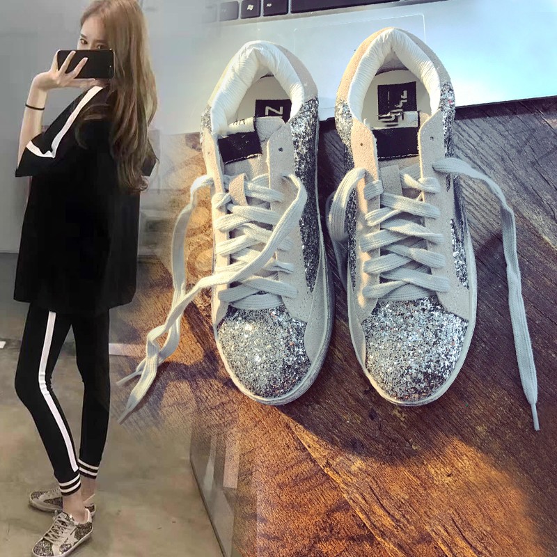 小脏鞋韩版平底圆头小白鞋亮片