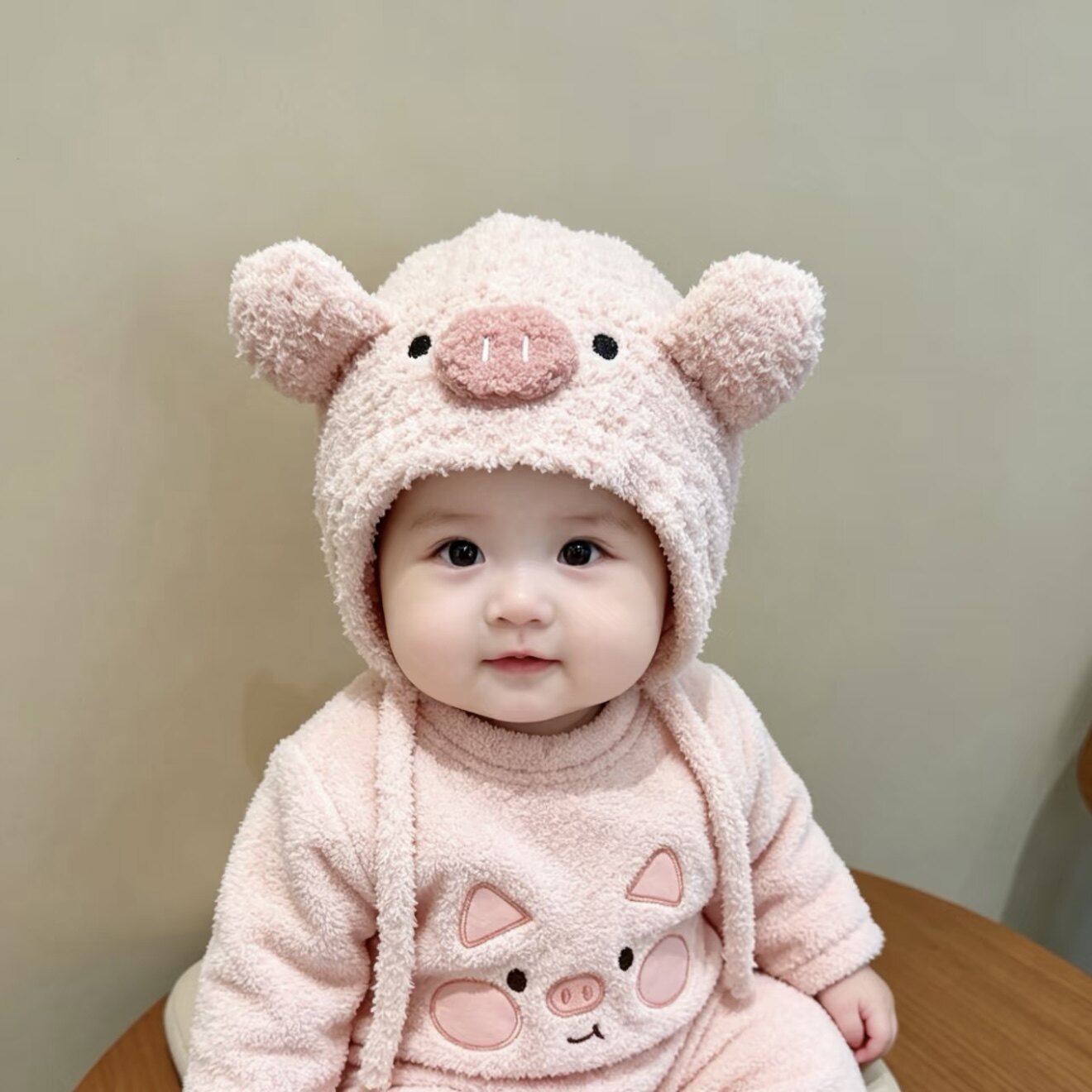 新生儿帽子可爱小猪毛绒帽婴儿宝宝秋冬防风保暖护耳帽出游百搭款
