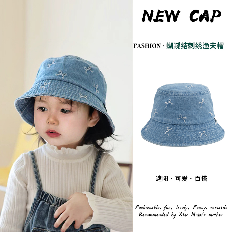 时尚儿童渔夫帽春秋款韩版可爱蝴蝶结刺绣牛仔盆帽女宝宝遮阳帽潮
