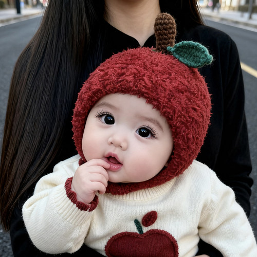婴儿秋冬红色苹果毛线保暖帽