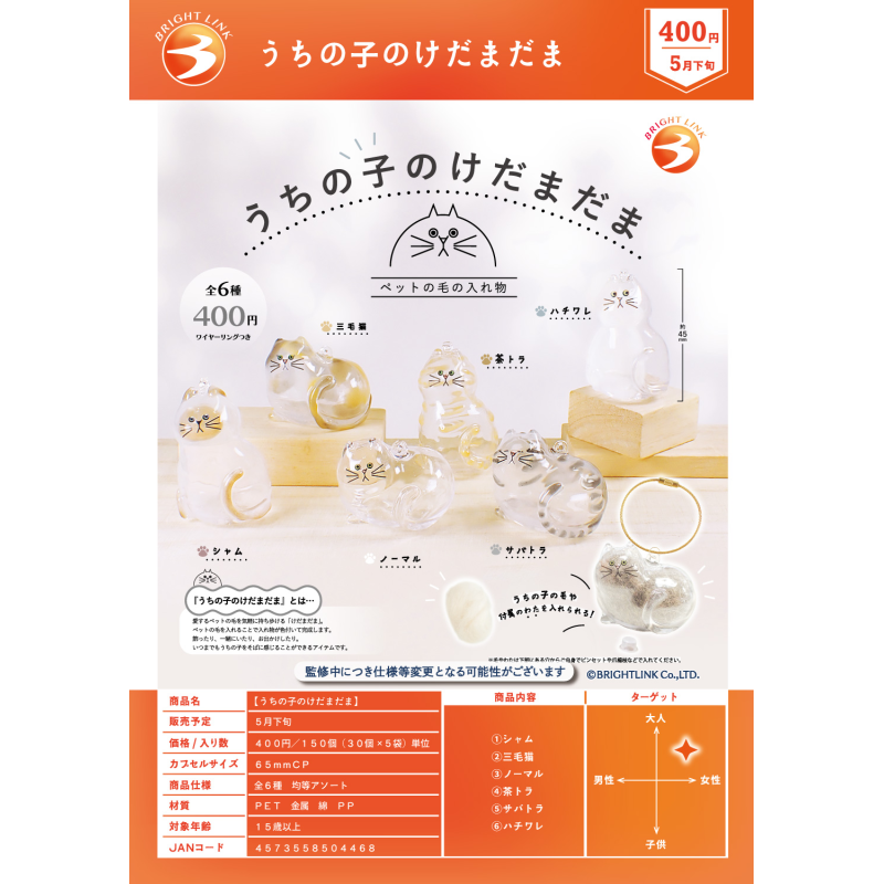 虾壳社 现货日本BRIGHT LINK扭蛋 透明猫猫 挂件 猫毛 毛球 收纳