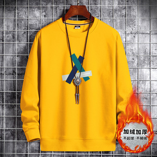 冬季加绒圆领卫衣男无帽套头保暖纯棉不带帽宽松长袖加厚内搭外套