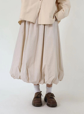 8.20Seagulls2024新款日系米杏咖色条纹花苞裙