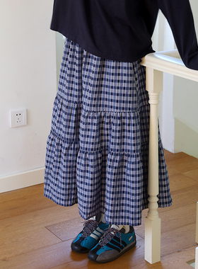 Seagulls2024日系复古蓝色格纹半裙拼接伞裙鱼尾裙中长款裙子