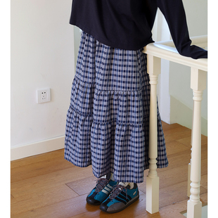Seagulls2024日系复古蓝色格纹半裙拼接伞裙鱼尾裙中长款裙子