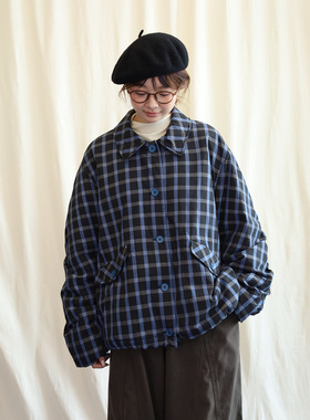 9.27日系蓝色格纹翻领小棉服轻便感外套