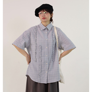 seagulls2025夏季日系雾霾蓝格纹不对称木耳边短袖衬衫抗皱衬衣女