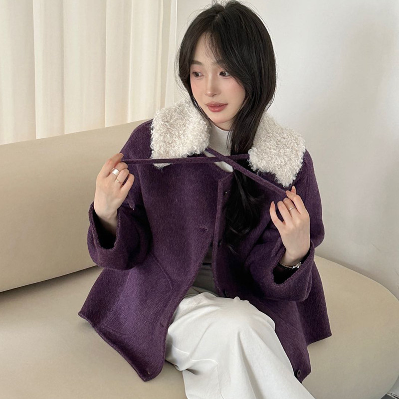 复古羊羔毛翻领双面呢短款外套女
