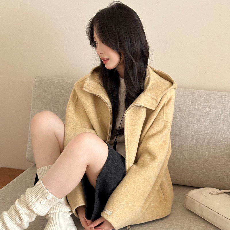 慵懒风连帽短款双面呢外套女