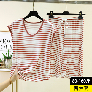 莫代尔V领无袖条纹套装夏季薄款T恤五分裤两件套女士宽松家居服