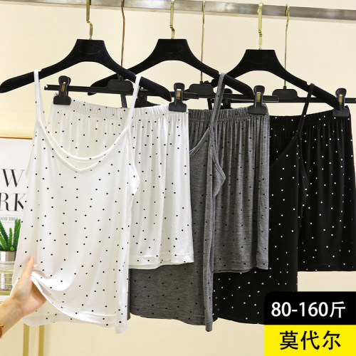 莫代尔V领吊带短裤两件套女