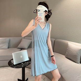 莫代尔睡裙女夏薄款无袖长裙休闲大码V领背心裙中长款居家连衣裙