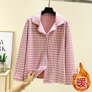 加绒开衫 加厚保暖居家翻领上衣大码 女冬季 德绒翻领格子睡衣上装