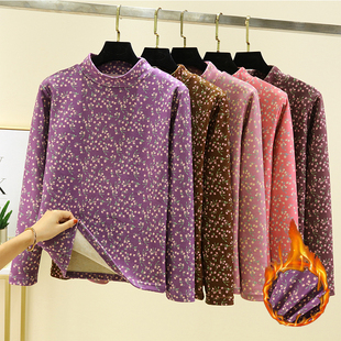 德绒半高领碎花上衣女冬季加厚长袖打底衫大码加绒加厚保暖秋衣