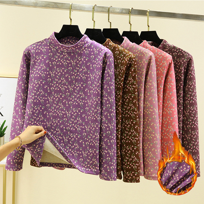 德绒半高领碎花上衣女冬