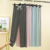 女春夏薄款 百搭条纹阔腿裤 长裤 莫代尔睡裤 大码 宽松休闲裤 家居裤