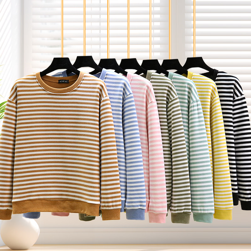 女士德绒圆领条纹睡衣上装冬季加厚长袖T恤休闲大码加绒宽松上衣,女士内衣/男士内衣/家居服,睡衣上装,淘宝优惠券,粉丝福利购,淘宝优惠卷