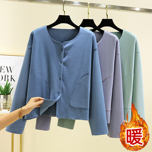 长袖 纯色宽松开始女士休闲大码 排扣上衣 冬季 德绒保暖圆领睡衣上装