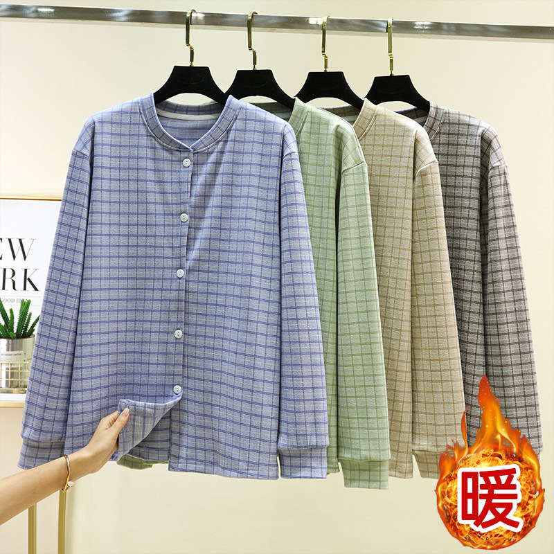男士保暖德绒格子开衫冬加厚居家长袖单排扣上衣加绒大码睡衣上装