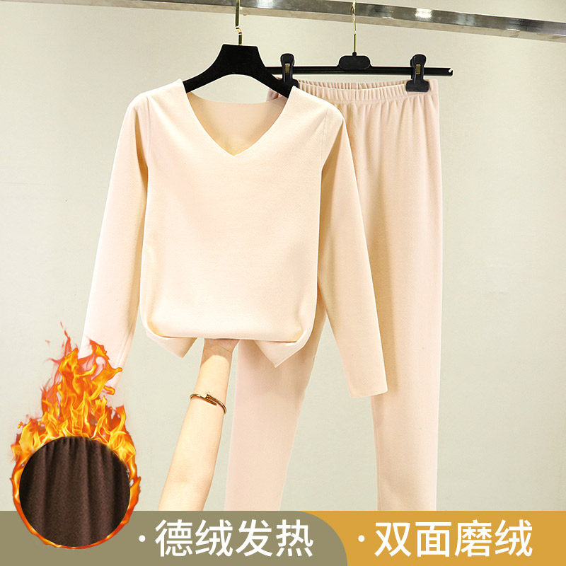 양면 벨벳 보온내의 세트 라지 사이즈 밀착되는 이너웨어 독일산 벨벳 발열 베이스 투피스 세트 브이넥 가을 코트 가을 바지