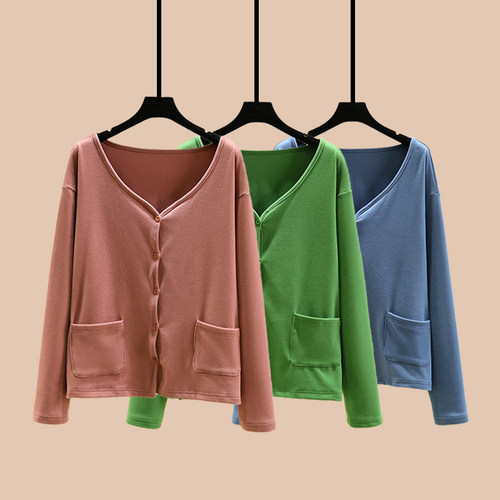 德绒V领百搭开衫大码长袖外套