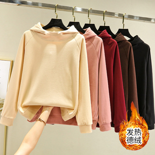 双面加绒连帽内搭卫衣女冬季德绒保暖打底衫宽松百搭短款休闲上衣