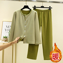 长裤 德绒保暖家居服套装 加厚开衫 加绒条纹睡衣大码 两件套 女冬新款