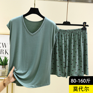 睡衣套装 薄款 莫代尔V领无袖 女夏季 家居服 T恤短裤 两件套休闲大码