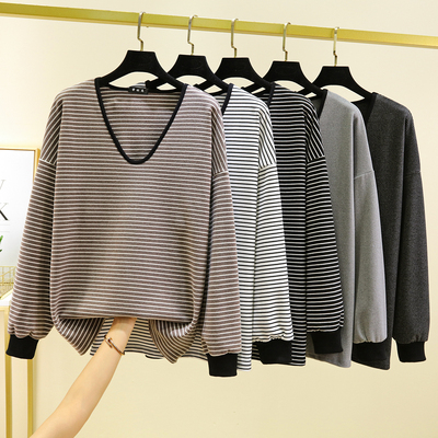 德绒休闲宽松V领长袖T恤女冬季