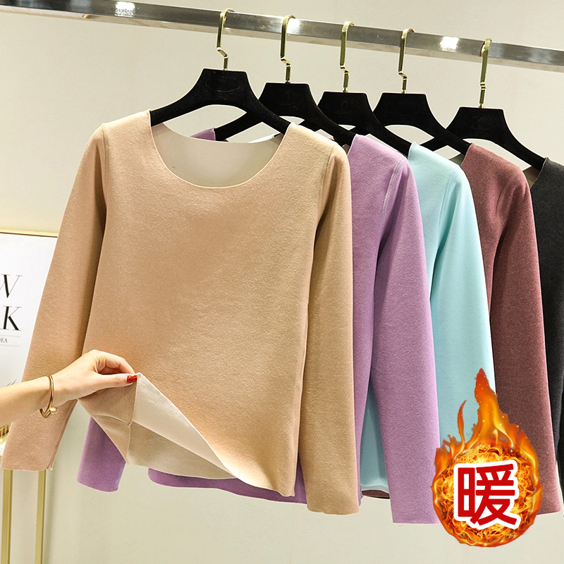清仓捡漏长袖保暖内衣女冬季贴身内穿加绒打底衫纯色圆领内搭T恤