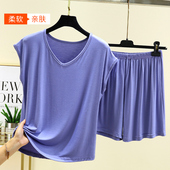 休闲外穿纯色T恤短裤 莫代尔V领无袖 薄款 家居服大码 睡衣套装 女夏季