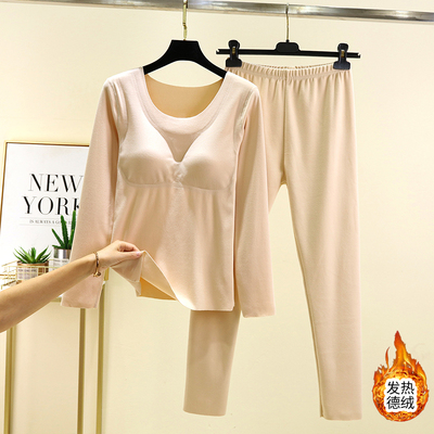 双面德绒带胸垫保暖内衣套装女冬